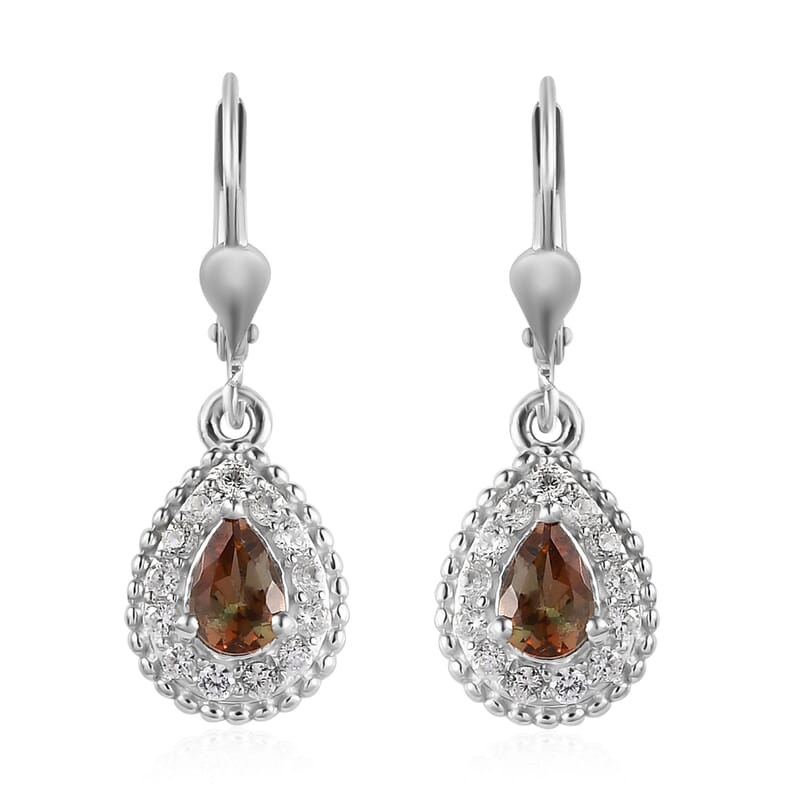 Jenipapo Andalusite and Natural White Zircon Lever Back Earrings in Platinum Over Sterling Silver 1.40 ctw
