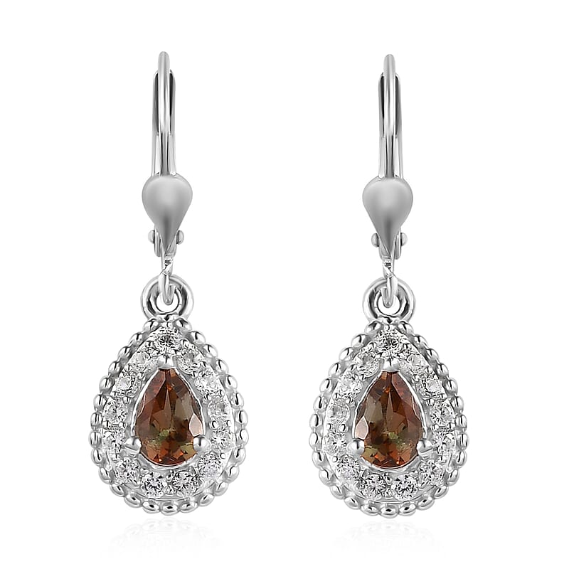 Jenipapo Andalusite and Natural White Zircon Lever Back Earrings in Platinum Over Sterling Silver 1.40 ctw
