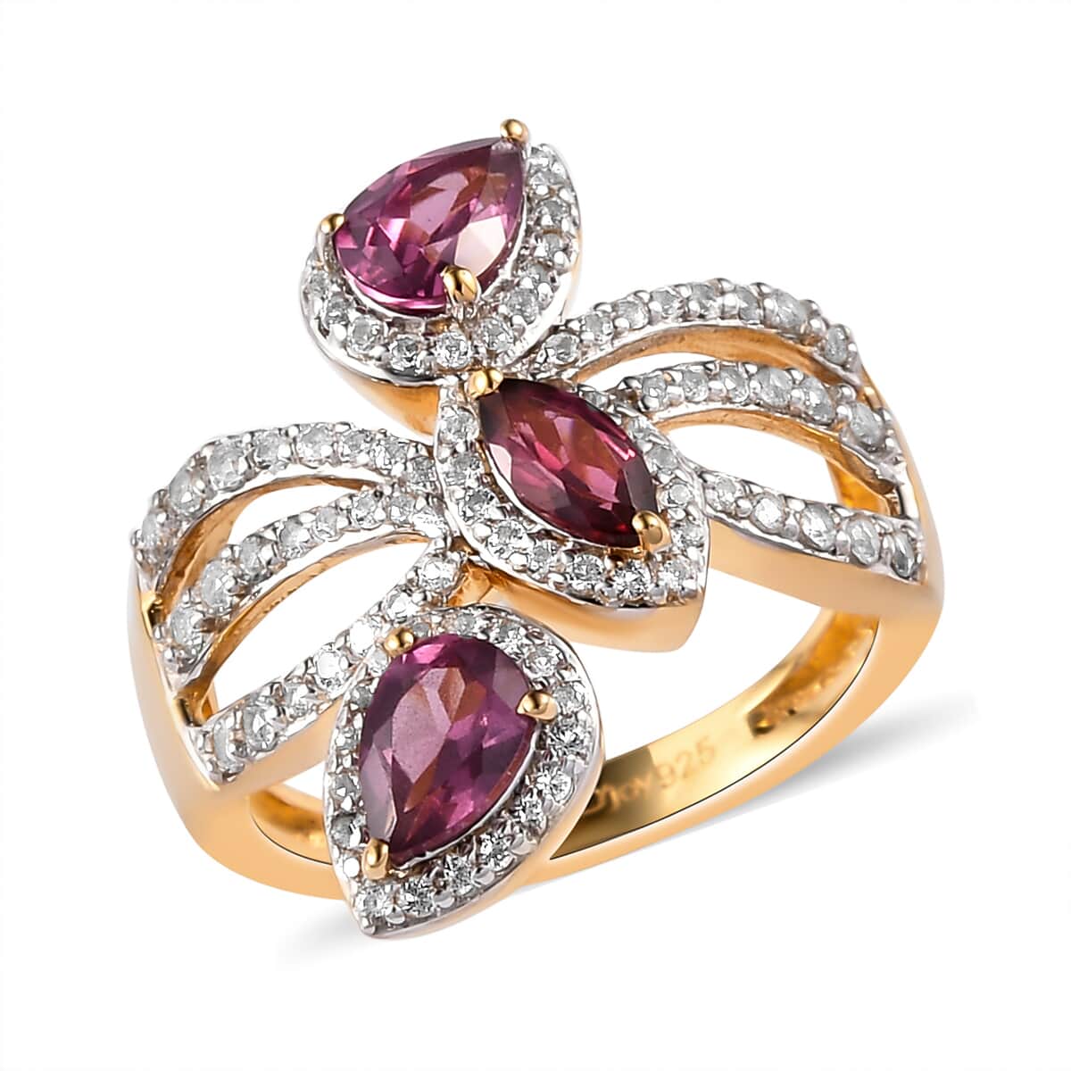 Orissa Rose Garnet and White Topaz Multi Shank Ring in Vermeil Yellow Gold Over Sterling Silver (Size 6.0) 2.20 ctw image number 0