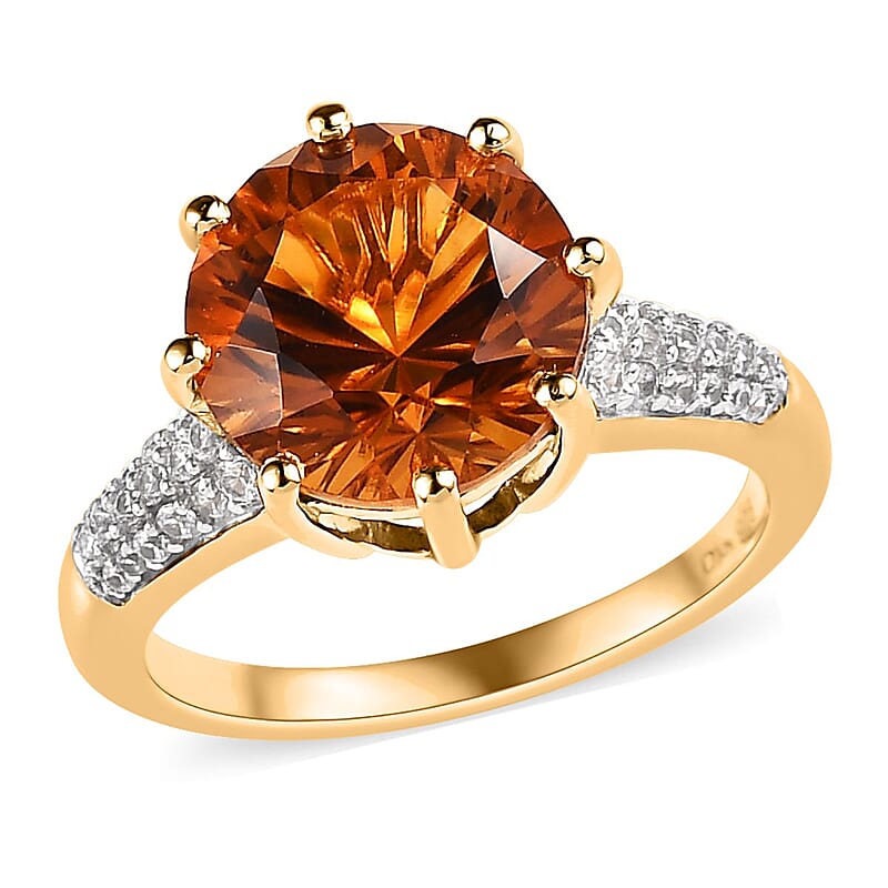 Concave Cut Brazilian Cherry Citrine and Natural White Zircon 3.60 ctw Ring in Vermeil Yellow Gold Over Sterling Silver (Size 10.0)