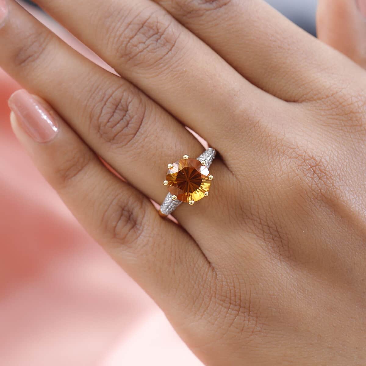 Concave Cut Brazilian Cherry Citrine and Natural White Zircon Ring in Vermeil Yellow Gold Over Sterling Silver 3.70 ctw image number 2
