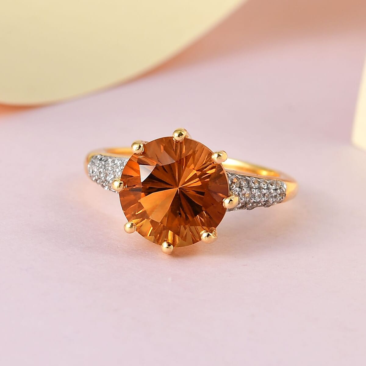 Concave Cut Brazilian Cherry Citrine and Natural White Zircon Ring in Vermeil Yellow Gold Over Sterling Silver (Size 6.0) 3.60 ctw image number 1