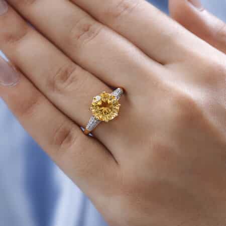 Concave Cut Brazilian Cherry Citrine and Natural White Zircon Ring in Vermeil Yellow Gold Over Sterling Silver (Size 9.0) 3.60 ctw image number 2