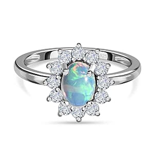 Ethiopian Welo Opal and White Zircon 1.15 ctw Ring in Platinum Over Sterling Silver (Size 8)