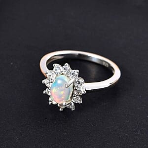 Ethiopian Welo Opal and White Zircon 1.15 ctw Ring in Platinum Over Sterling Silver (Size 8)