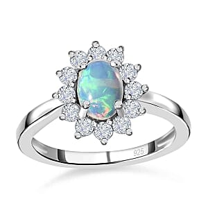 Ethiopian Welo Opal and White Zircon 1.15 ctw Ring in Platinum Over Sterling Silver (Size 8)