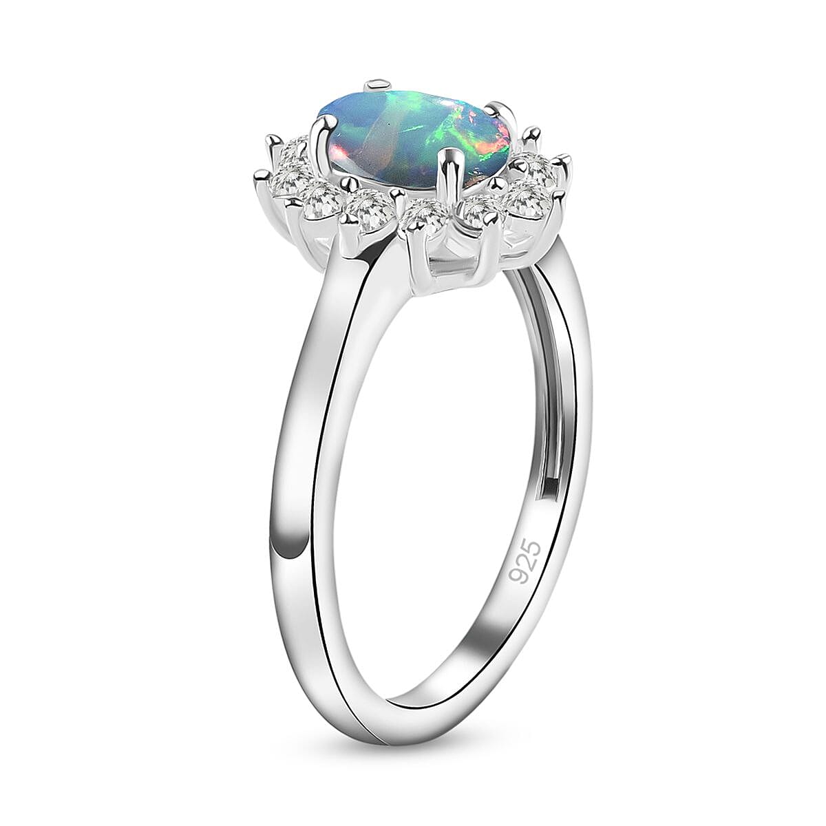 Ethiopian Welo Opal and White Zircon 1.15 ctw Ring in Platinum Over Sterling Silver (Size 8)