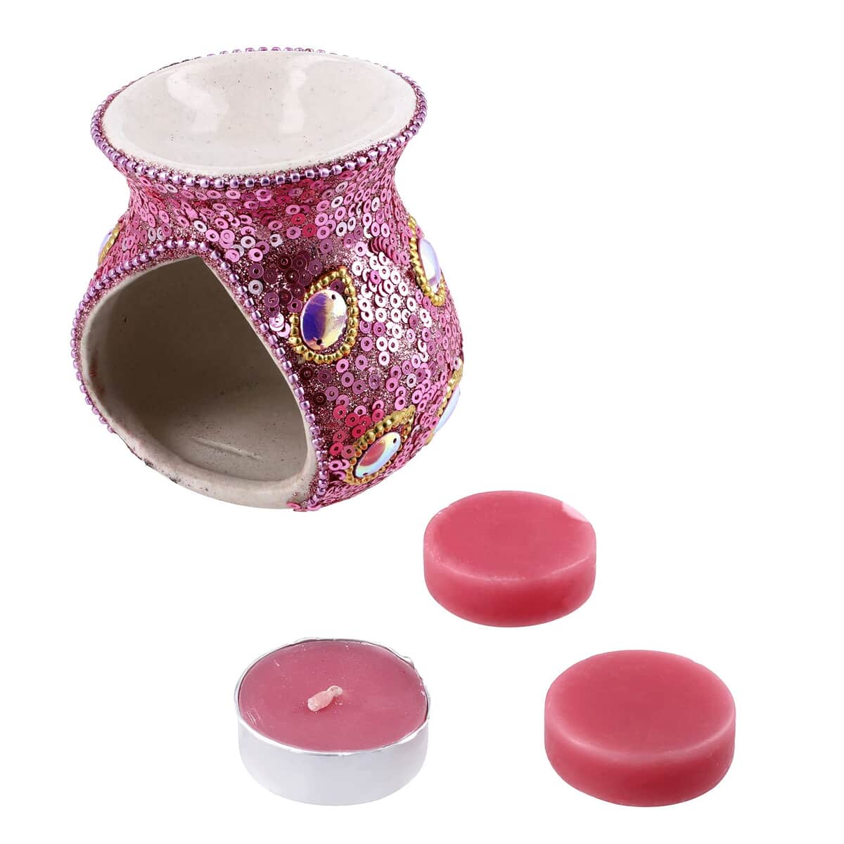 "Peacock Print Ceramic Wax Tart Burner Set  Fragrance: Frosted Vanilla Color: Pink Size: 3X3X7 Inches" image number 0