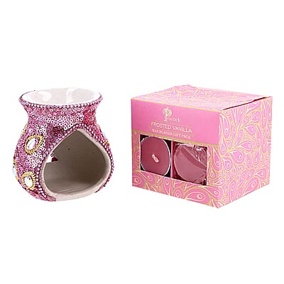 Frosted Pink Peacock Print Ceramic Wax Tart Burner Set