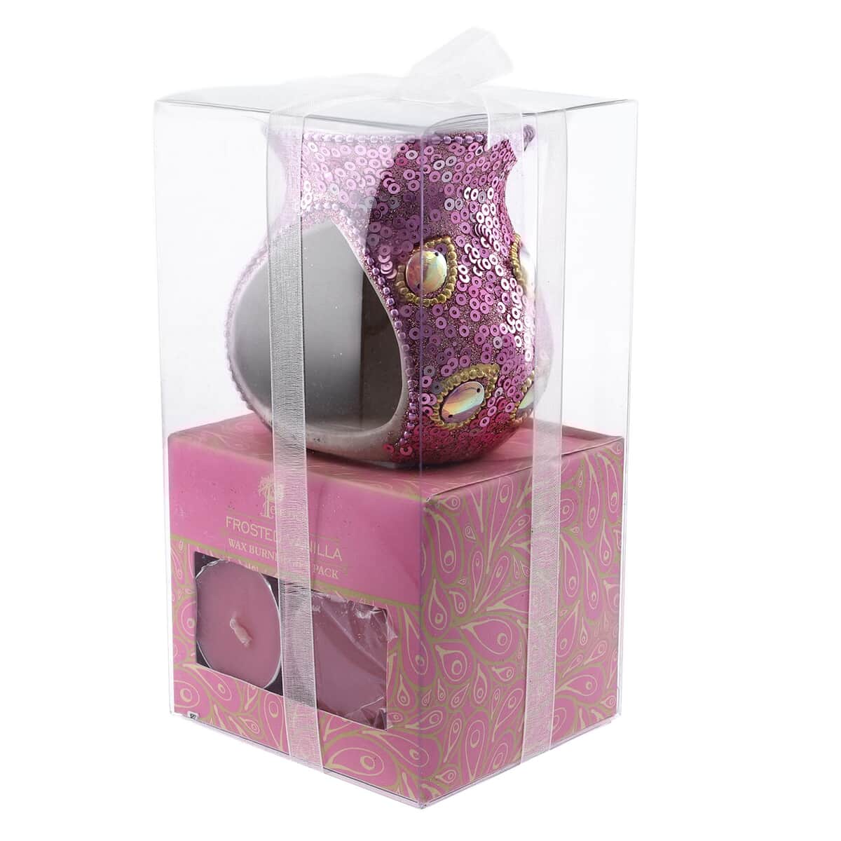 "Peacock Print Ceramic Wax Tart Burner Set  Fragrance: Frosted Vanilla Color: Pink Size: 3X3X7 Inches" image number 6