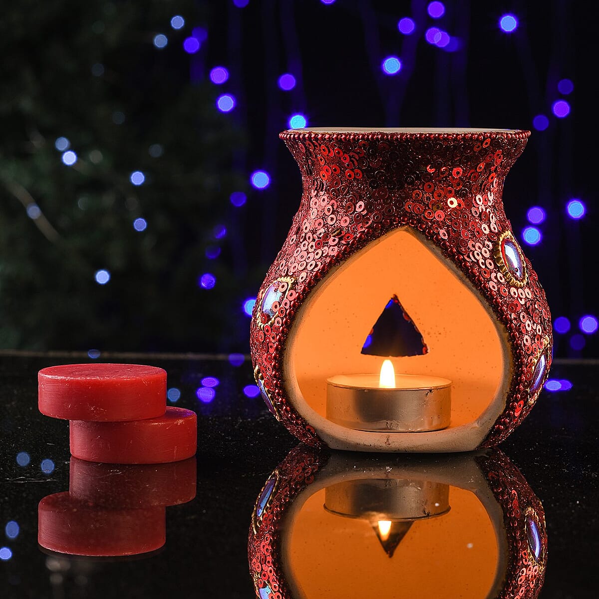 Frosted Vanilla Red & Pink Peacock Print Ceramic Wax Tart Burner Set image number 1