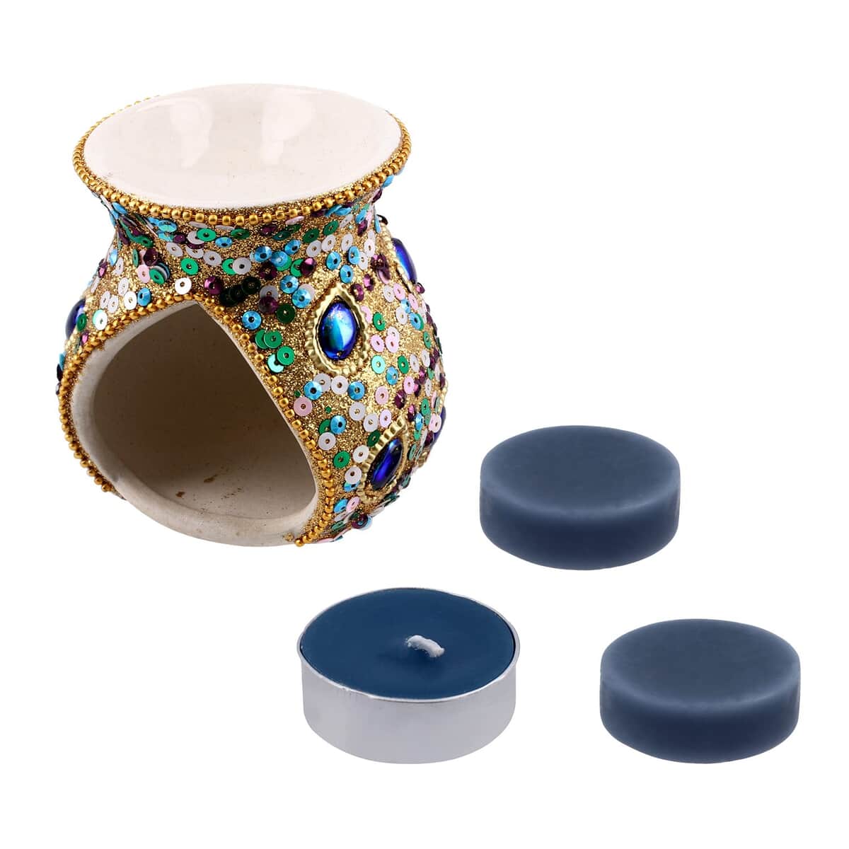 Cotton Fresh Blue Peacock Print Ceramic Wax Tart Burner Set image number 0