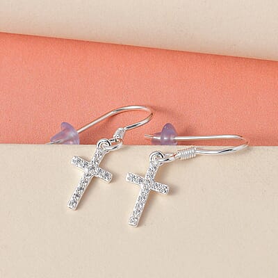 Simulated Diamond Cross Dangle Earrings in Sterling Silver 0.30 ctw