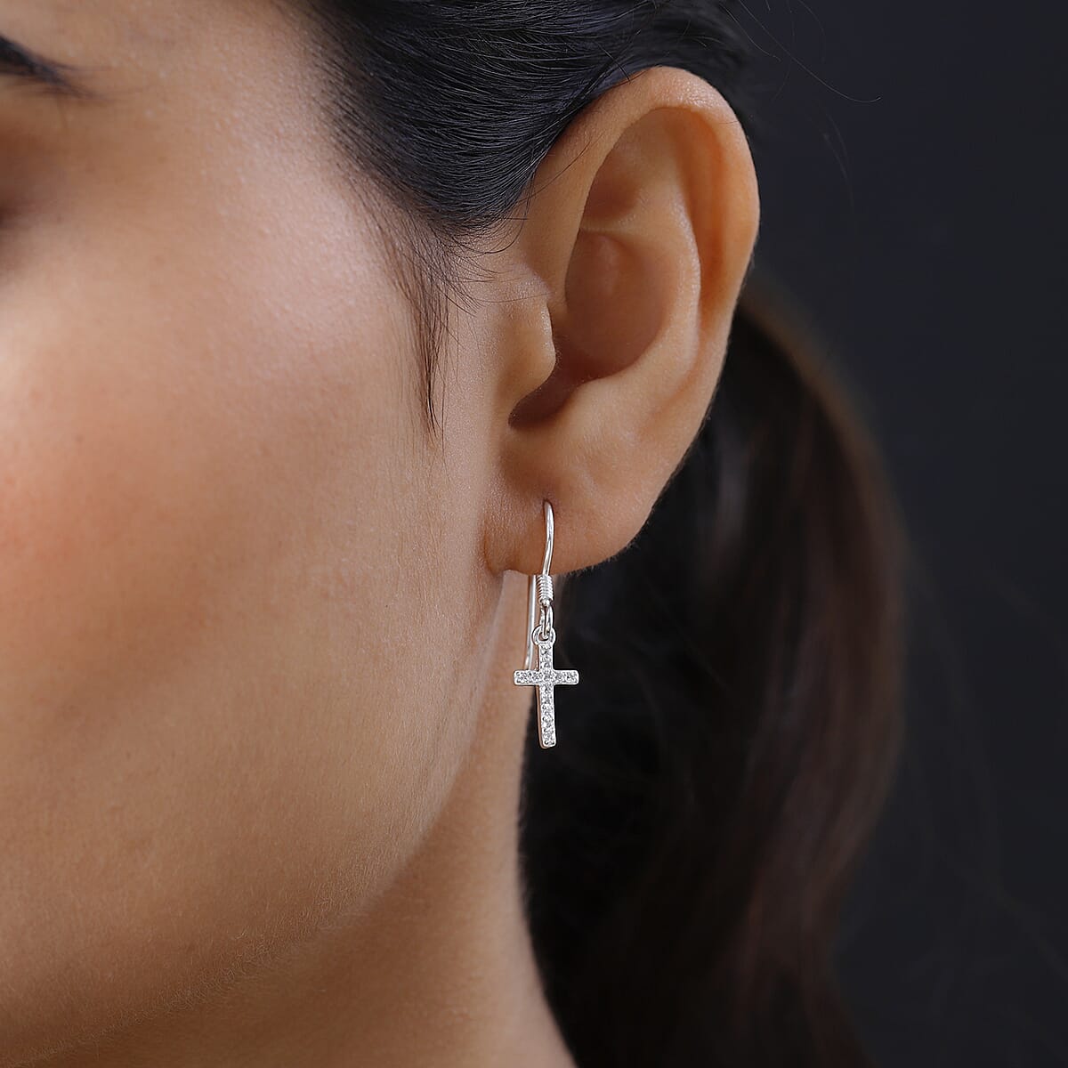 Simulated Diamond Cross Dangle Earrings in Sterling Silver 0.30 ctw image number 2