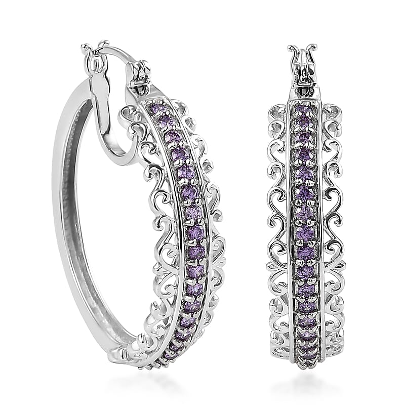 Karis Simulated Purple Color Diamond Inside Out Hoop Earrings in Platinum Bond 2.35 ctw