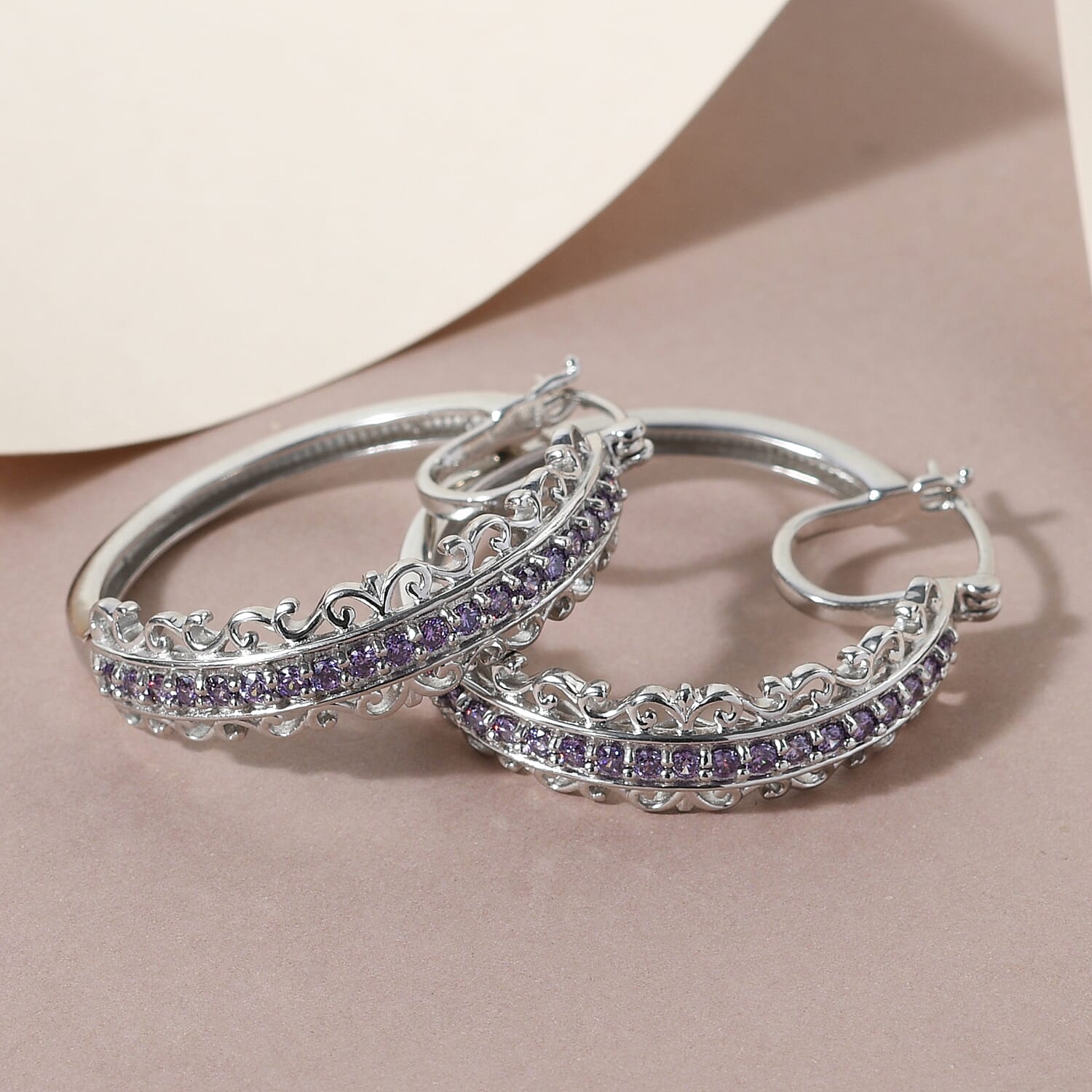 Karis Simulated Purple Color Diamond Inside Out Hoop Earrings in Platinum Bond 2.35 ctw