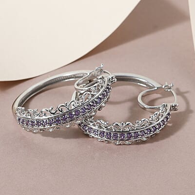 Karis Simulated Purple Color Diamond Inside Out Hoop Earrings in Platinum Bond 2.35 ctw