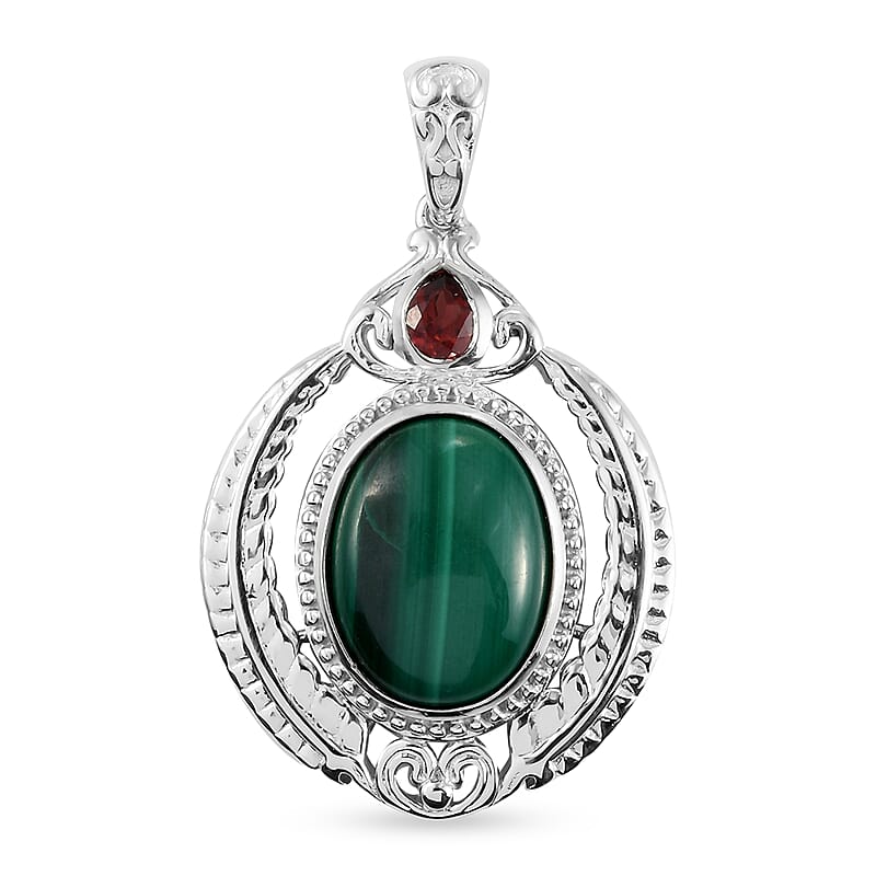 African Malachite and Mozambique Garnet Fancy Pendant in Platinum Over Copper with Magnet 11.85 ctw