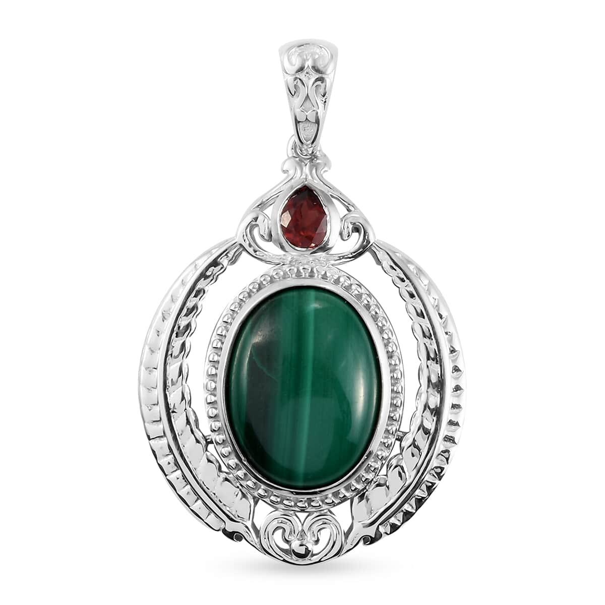 African Malachite and Mozambique Garnet Fancy Pendant in Platinum Over Copper with Magnet 11.85 ctw image number 0