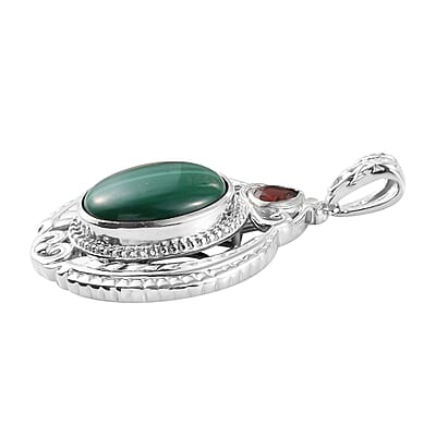 African Malachite and Mozambique Garnet Fancy Pendant in Platinum Over Copper with Magnet 11.85 ctw