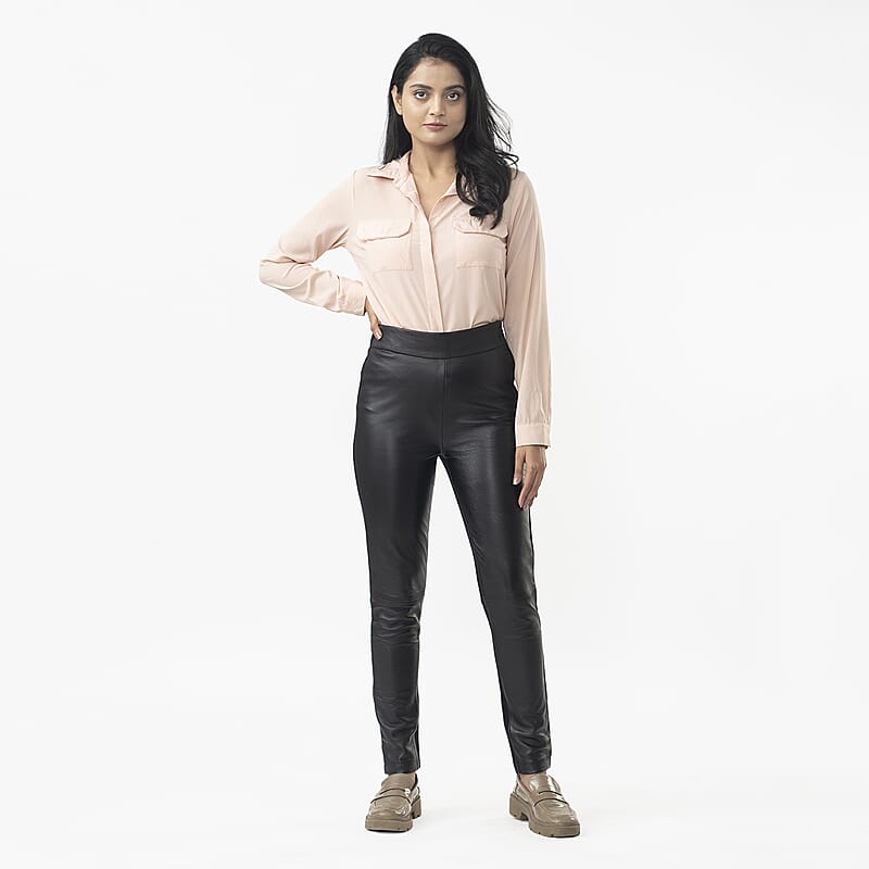 LA Marey Black Back Ponte Knit Genuine Lamb Leather Leggings Mid Rise - L