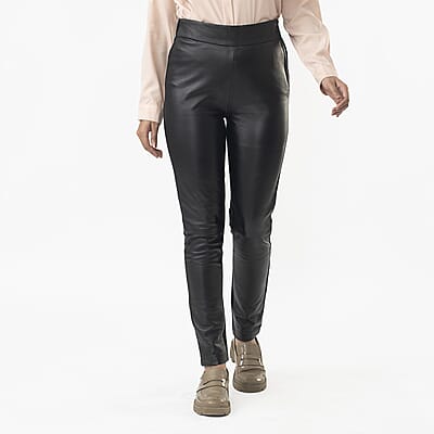 LA Marey Black Back Ponte Knit Genuine Lamb Leather Leggings Mid Rise - L