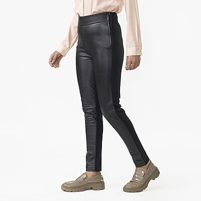 LA Marey Black Back Ponte Knit Genuine Lamb Leather Leggings Mid Rise - L