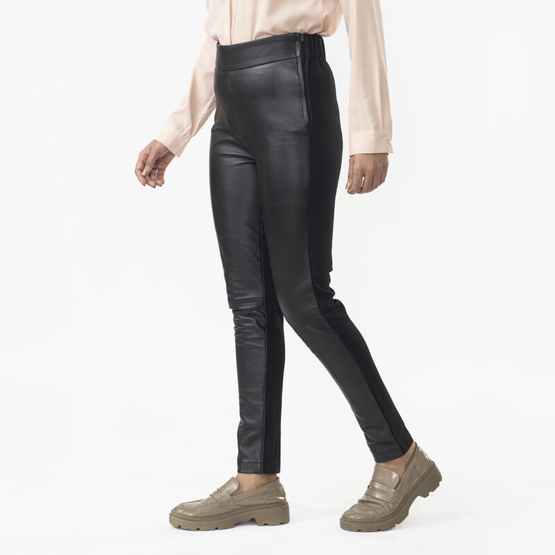 LA Marey Black Back Ponte Knit Genuine Lamb Leather Leggings Mid Rise - L