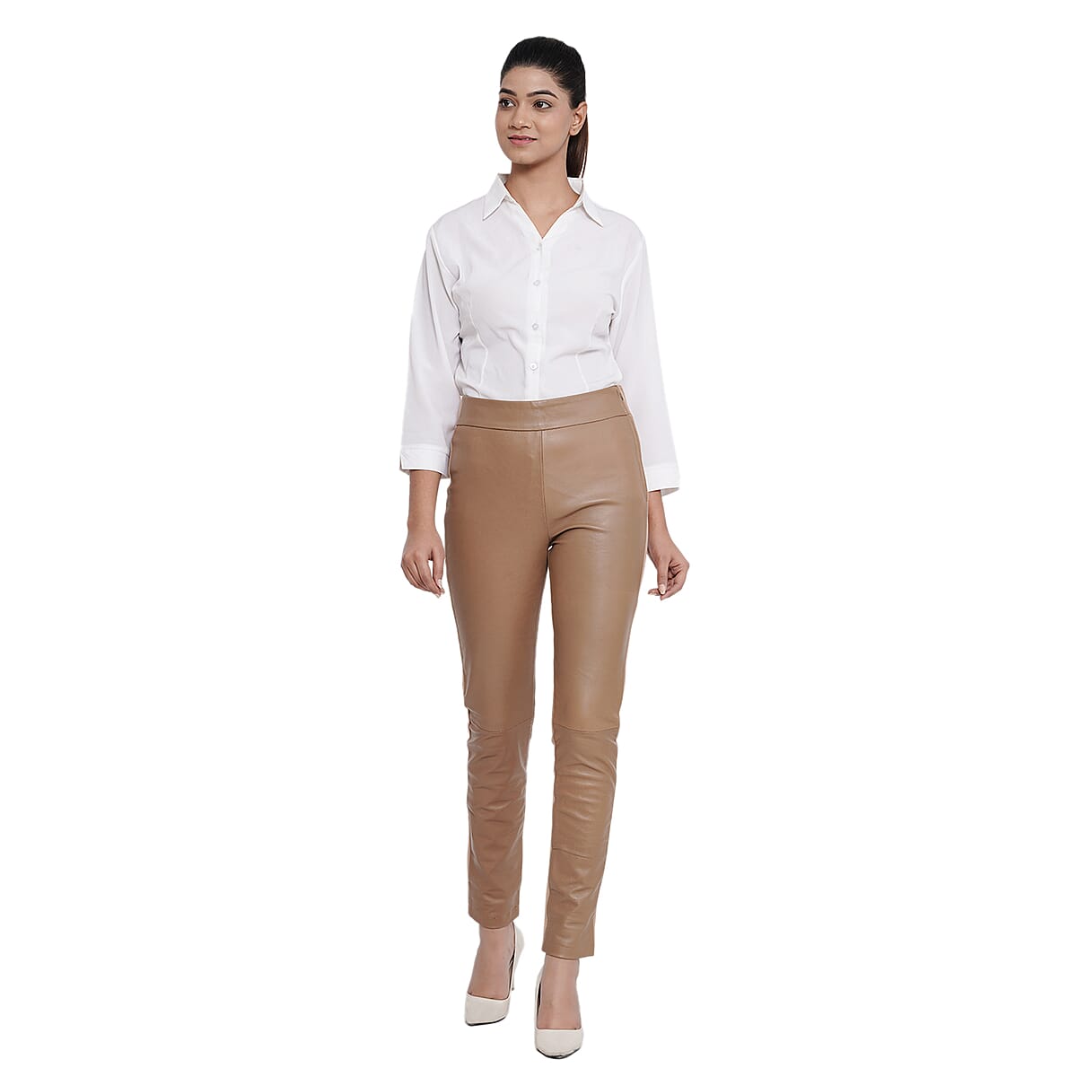 LA Marey Tan Genuine Lamb Leather With Back Ponte Knit Legging - M image number 0