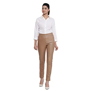 LA Marey Tan Genuine Lamb Leather With Back Ponte Knit Legging - M