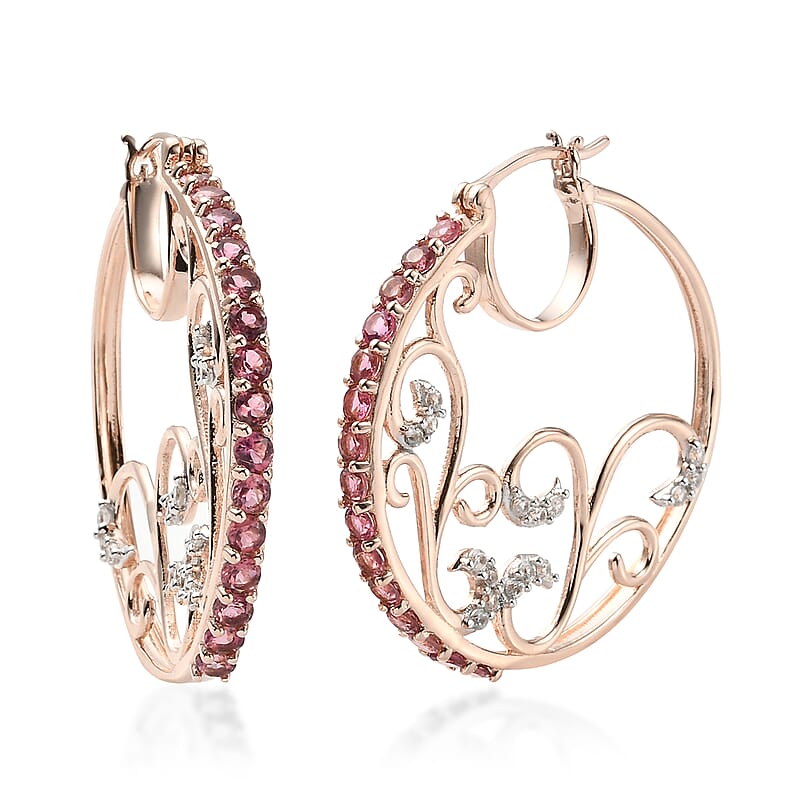 Morro Redondo Pink Tourmaline, Natural White Zircon Inside Out Hoop Earrings in Vermeil RG Over Sterling Silver (8.80 g) 2.65 ctw