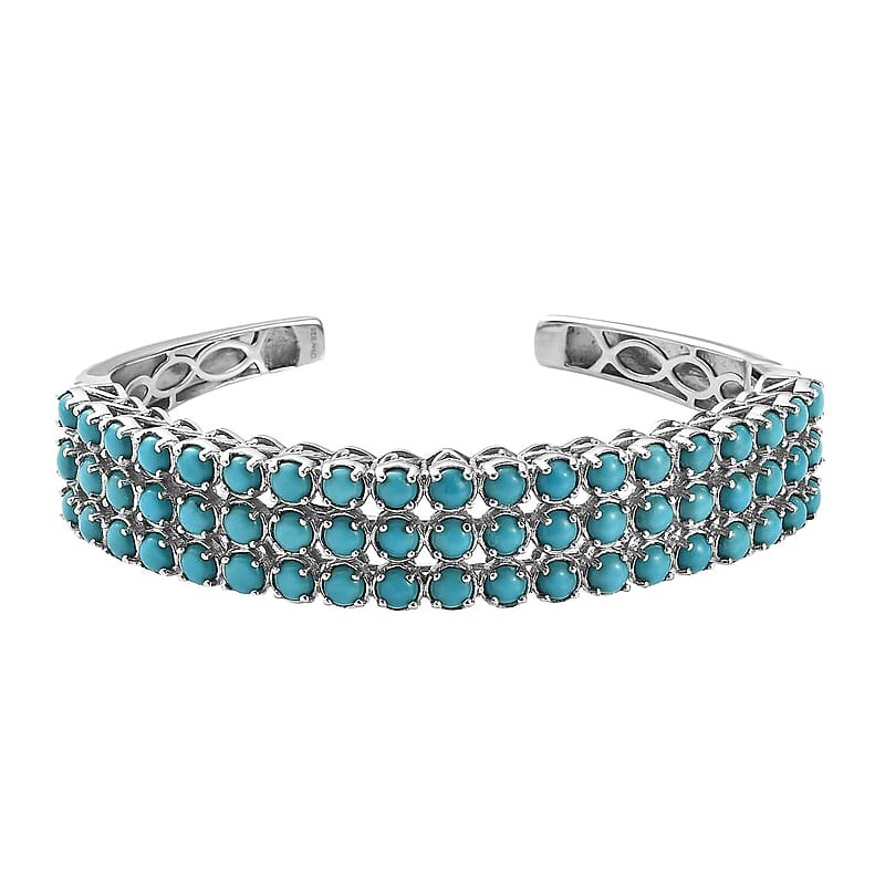 Sleeping Beauty Turquoise Multi Row Cuff Bracelet in Platinum Over Sterling Silver 14.90 ctw