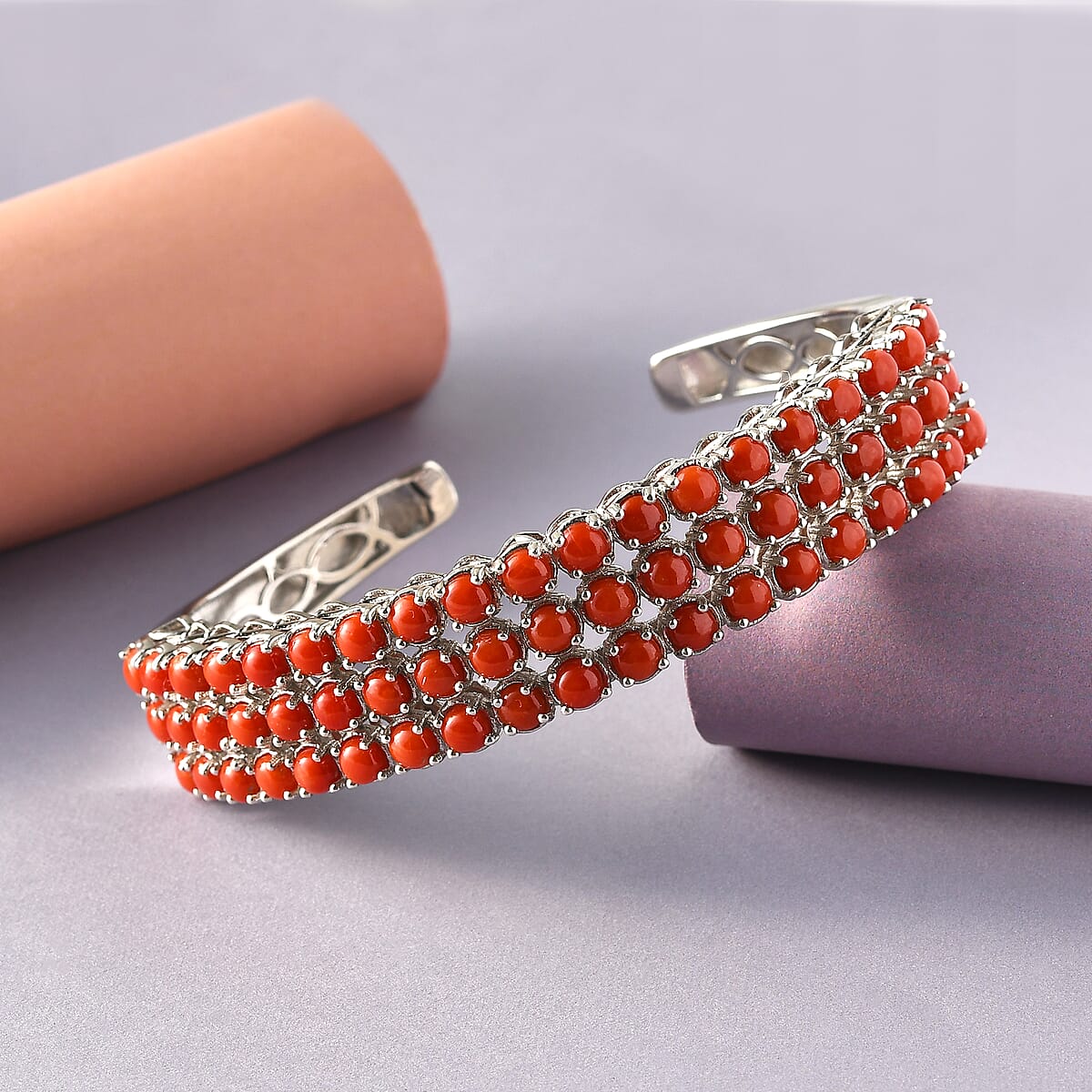 Mediterranean Coral Multi Row Cuff Bracelet in Platinum Over Sterling Silver image number 1