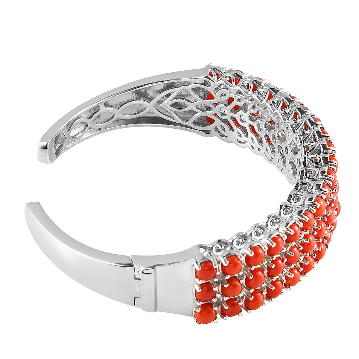 Mediterranean Coral Multi Row Cuff Bracelet in Platinum Over Sterling Silver image number 3