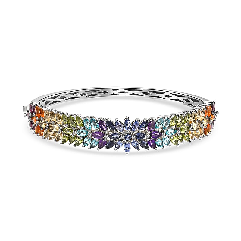 Multi Gemstone 11.90 ctw Bracelet in Platinum Over Sterling Silver, Silver Bangles, Birthday Gifts For Her (7.25 in)