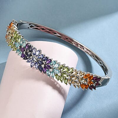 Multi Gemstone 11.90 ctw Bracelet in Platinum Over Sterling Silver, Silver Bangles, Birthday Gifts For Her (7.25 in)