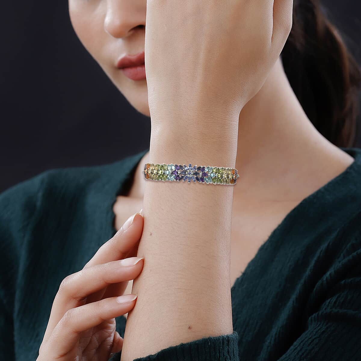 Multi Gemstone Bracelet in Platinum Over Sterling Silver, Silver Bangles, Birthday Gifts For Her (7.25 in) 11.90 ctw image number 2