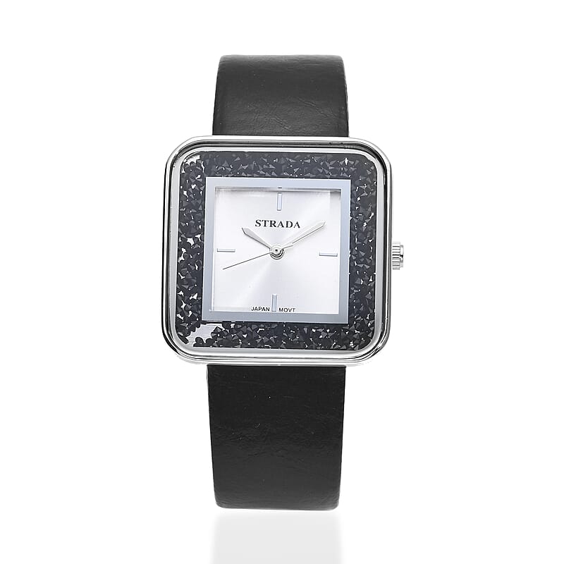 Strada Moving Black Austrian Crystal Japanese Movement Watch with Black Faux Leather Strap