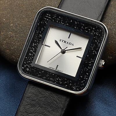 Strada Moving Black Austrian Crystal Japanese Movement Watch with Black Faux Leather Strap