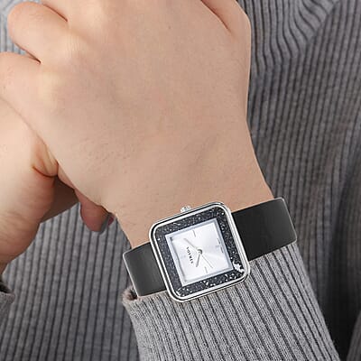 Strada Moving Black Austrian Crystal Japanese Movement Watch with Black Faux Leather Strap