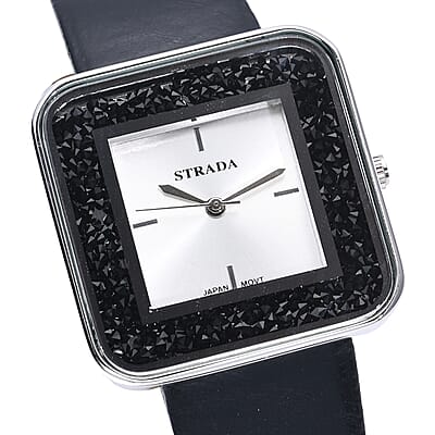 Strada Moving Black Austrian Crystal Japanese Movement Watch with Black Faux Leather Strap