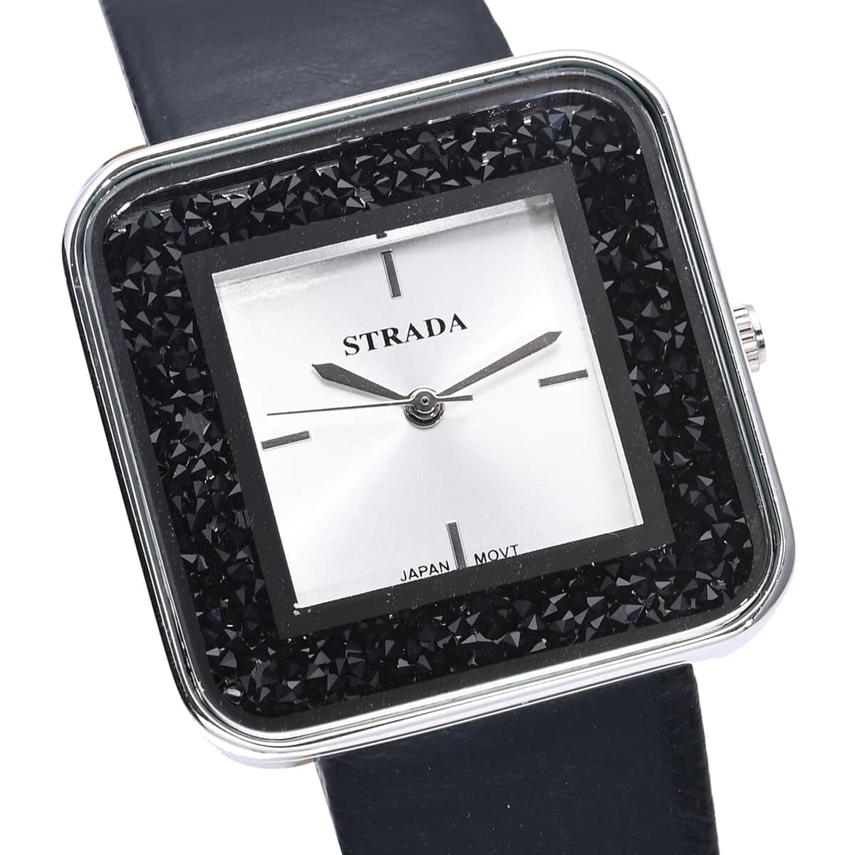 Strada Moving Black Austrian Crystal Japanese Movement Watch with Black Faux Leather Strap image number 3