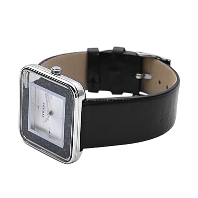 Strada Moving Black Austrian Crystal Japanese Movement Watch with Black Faux Leather Strap