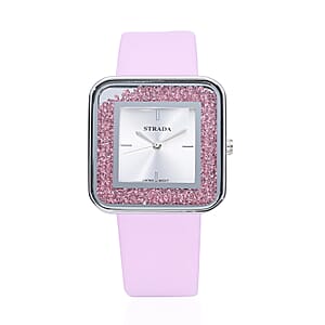 Strada Moving Pink Austrian Crystal Japanese Movement Watch with Pink Faux Leather Strap
