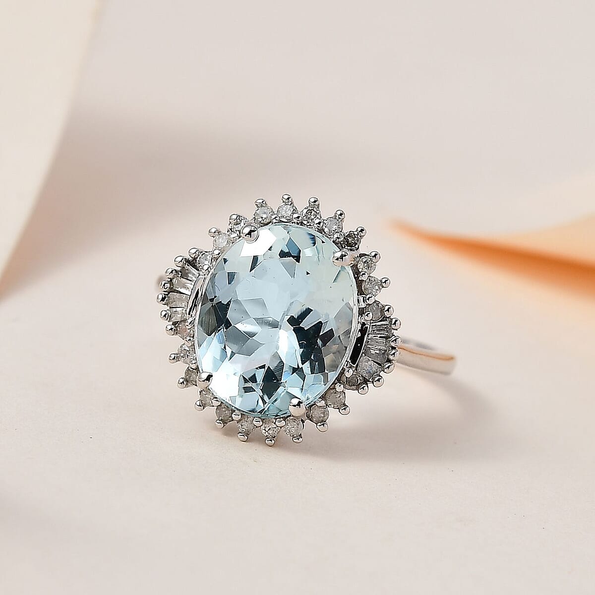 Luxoro 10K White Gold Premium Mangoro Aquamarine and Diamond Halo Ring (Size 8.0) 4.40 ctw image number 1