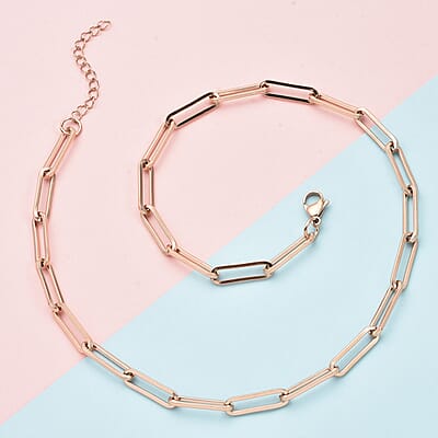 Paper Clip Chain Necklace 20-22 Inches in ION Plated Rose Gold Stainless Steel 30 Grams