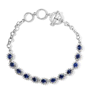 Ceylon Blue Sapphire and White Zircon 5.50 ctw Toggle Clasp Bracelet in Platinum Over Sterling Silver (6.50-8.0In)