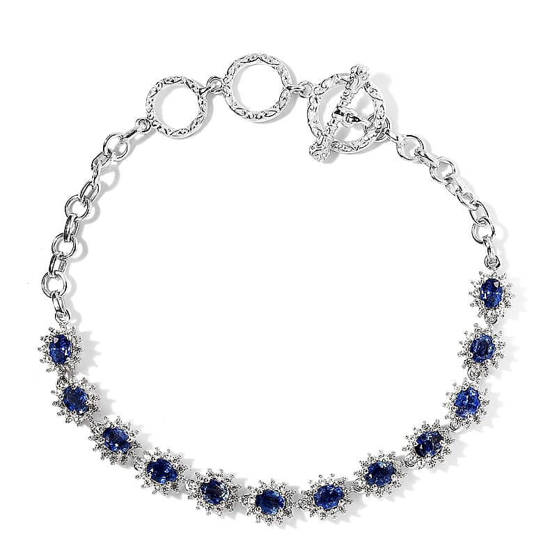 D'Joy Ceylon Blue Sapphire and White Zircon 5.50 ctw Toggle Clasp Bracelet in Platinum Over Sterling Silver (6.50-8.0In)