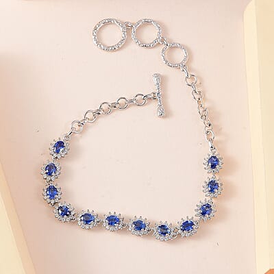 D'Joy Ceylon Blue Sapphire and White Zircon 5.50 ctw Toggle Clasp Bracelet in Platinum Over Sterling Silver (6.50-8.0In)