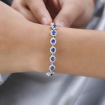 D'Joy Ceylon Blue Sapphire and White Zircon 5.50 ctw Toggle Clasp Bracelet in Platinum Over Sterling Silver (6.50-8.0In)